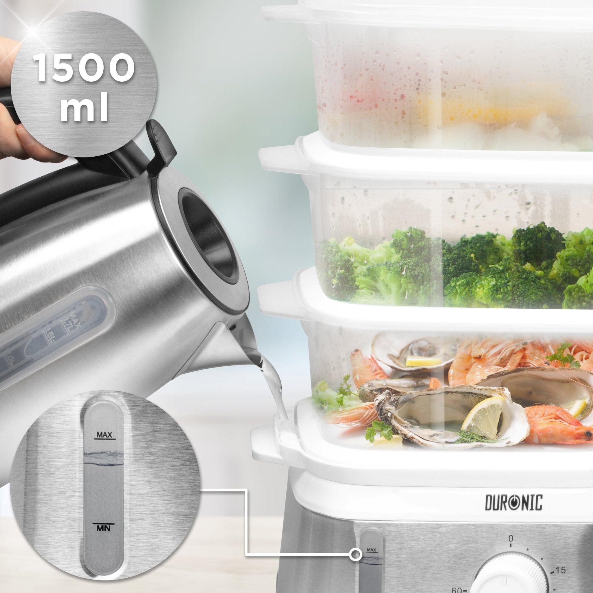 Duronic 3 Tier Food Steamer pours water from a stainless steel kettle into the 1500 ml water tank of a Duronic multi-tier food steamer filled with fresh vegetables and seafood