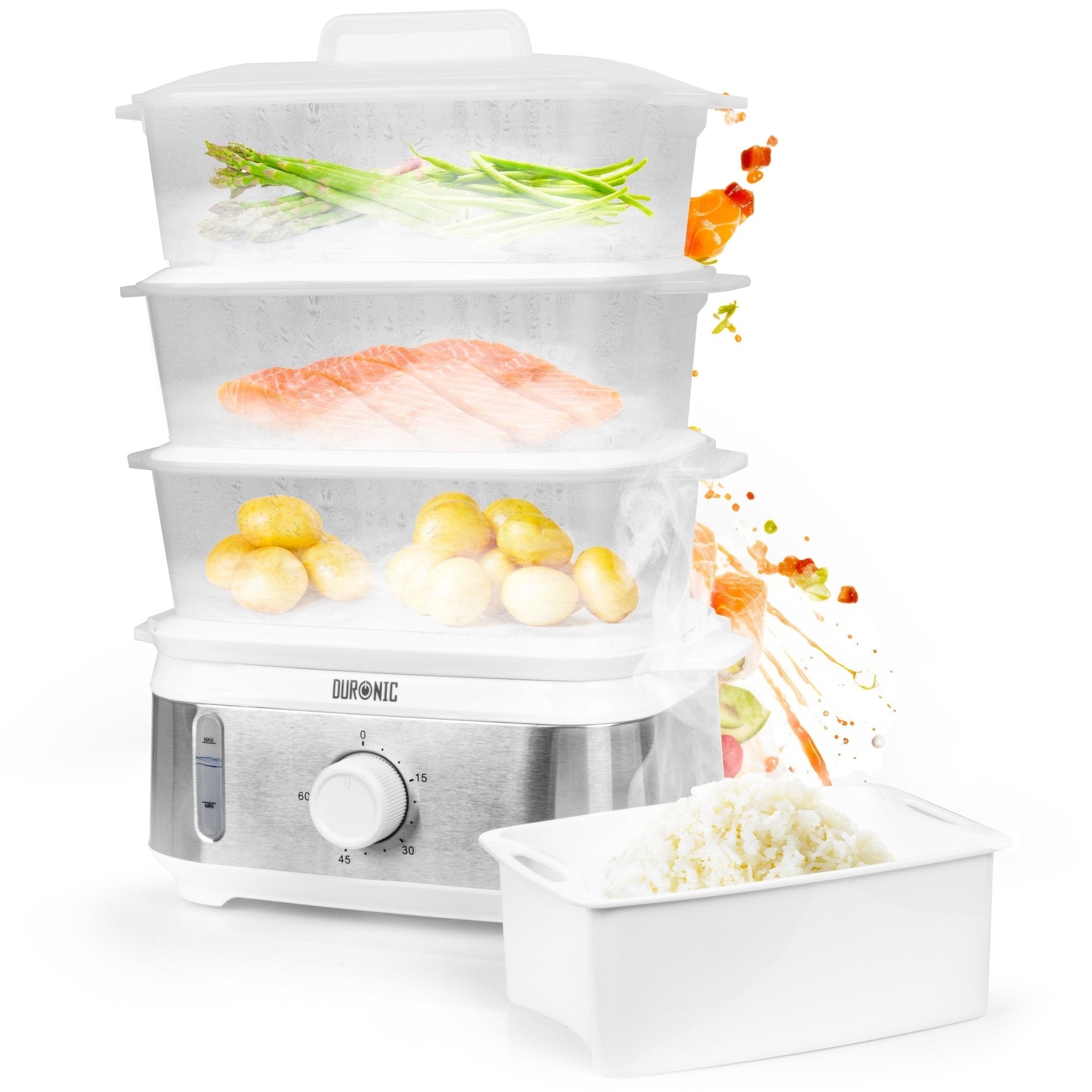 Duronic 3 Tier Food Steamer  showcasing stacked baskets of asparagus, salmon, and potatoes alongside a separate white rice steaming bowl