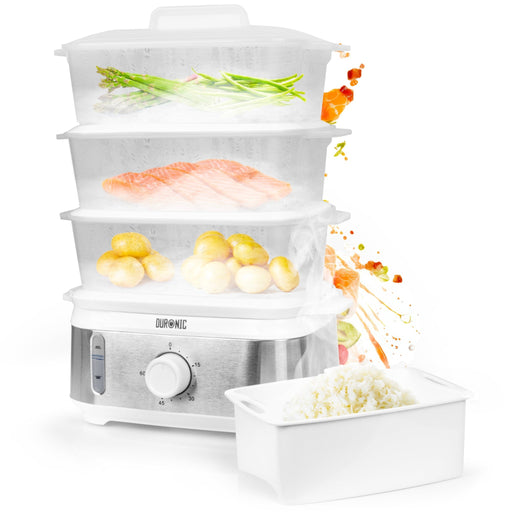 Duronic 3 Tier Food Steamer  showcasing stacked baskets of asparagus, salmon, and potatoes alongside a separate white rice steaming bowl