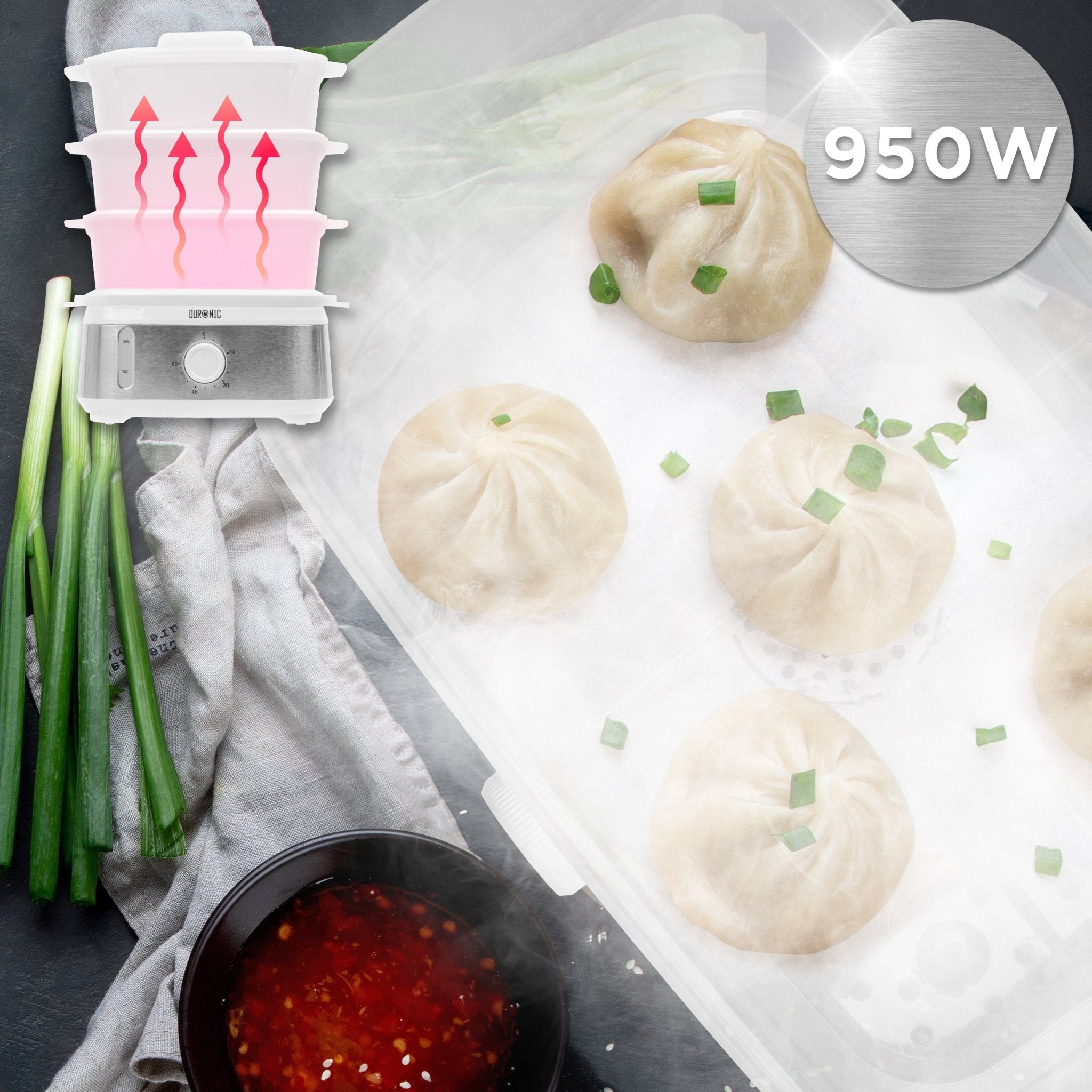 Duronic 3 Tier Food Steamer shown steaming fresh soup dumplings with a side of dipping sauce and green onions.