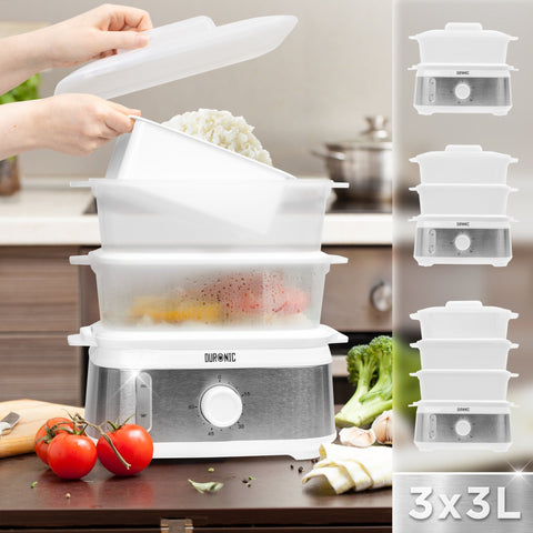 Duronic 3 Tier Food Steamer with a stainless steel base and a 9L total capacity shown steaming rice and vegetables on a kitchen counter