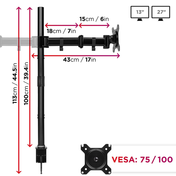 Duronic 4 Screen Monitor Stand with pole height, arm extension distances, and VESA compatibility.