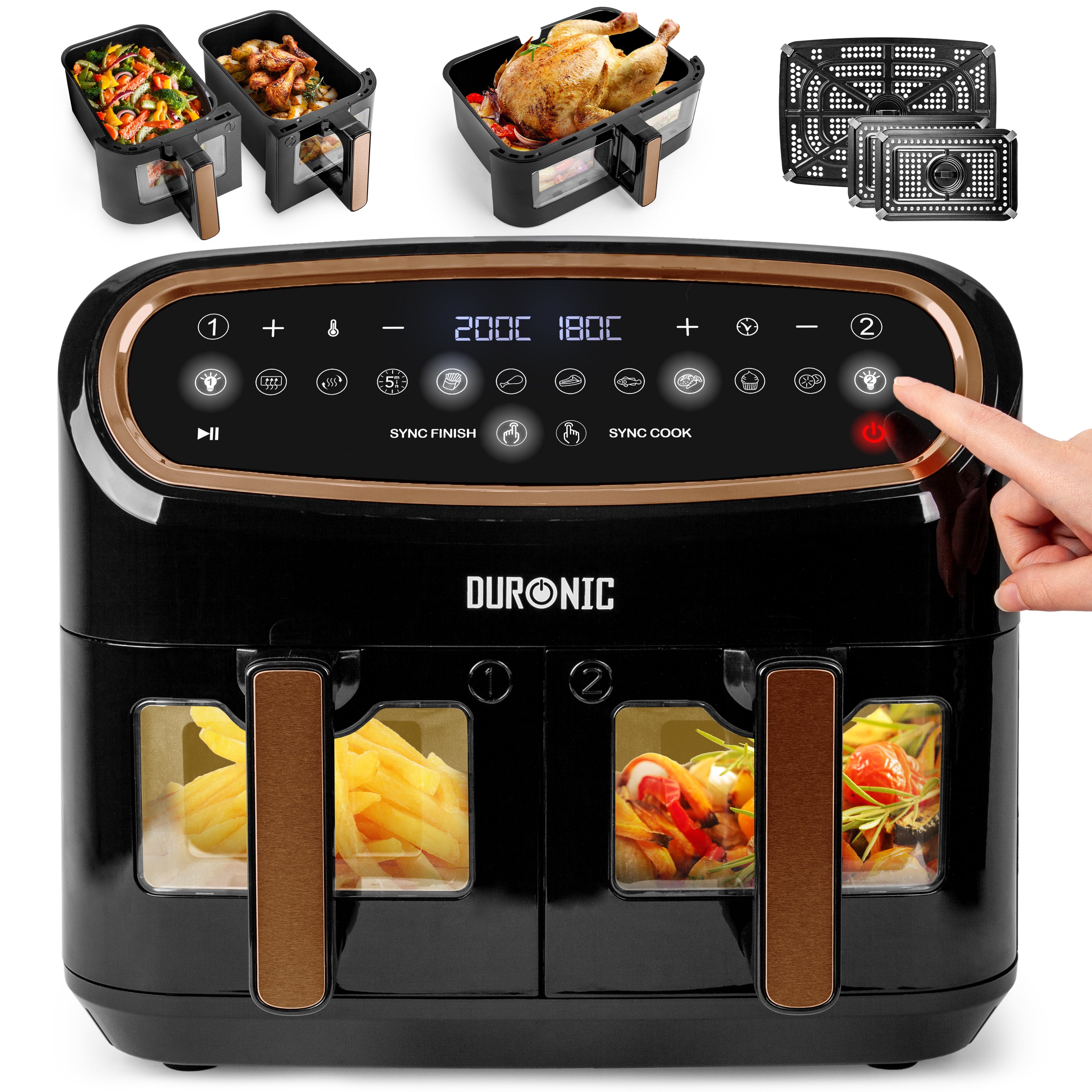 Duronic AF34 BG black dual basket air fryer with fries and vegetables cooking