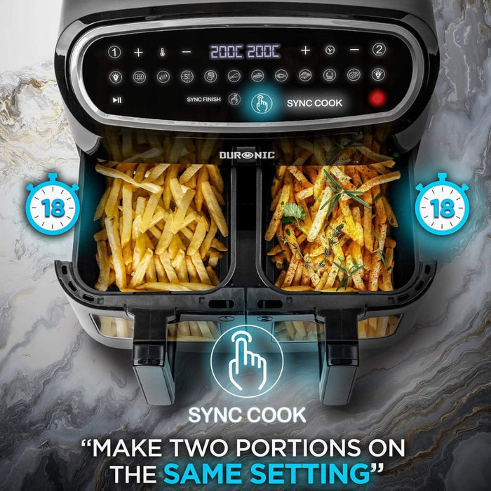 Duronic AF34 BK dual basket air fryer cooking fries in both compartments with Sync Cook function