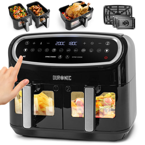 Duronic AF34 BK triple drawer air fryer overview showing chicken, vegetables and fries cooking