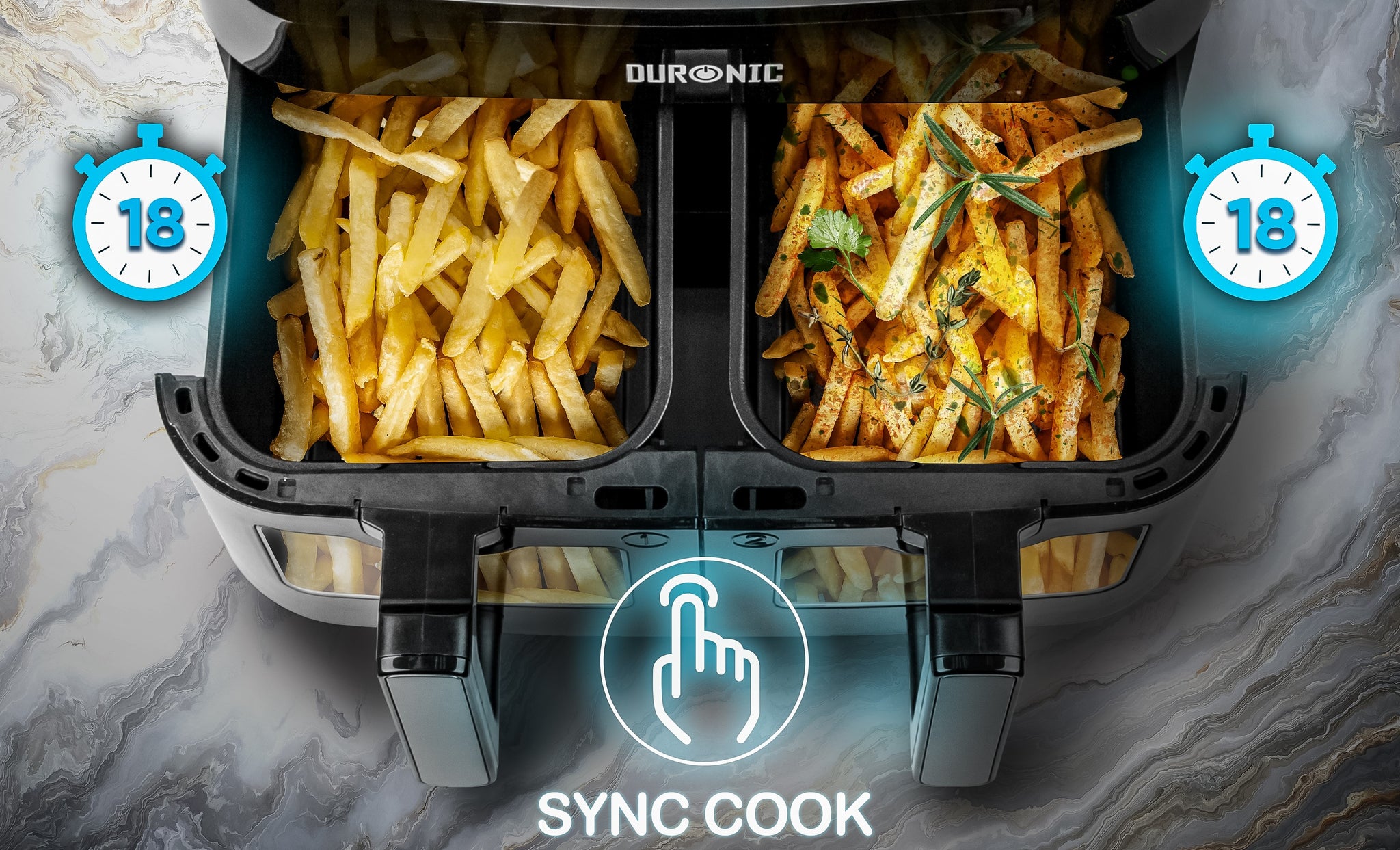 Duronic AFD2 BK double drawers sync cook fries at the same time in AF24 BK dual drawer air fryer