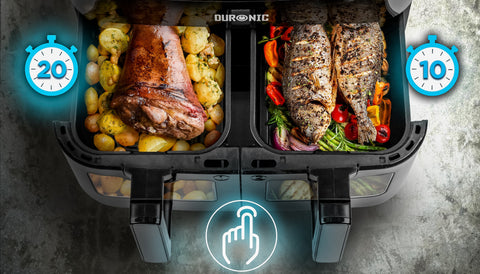 Duronic AFD2 BK dual drawers sync finish cooking fish and roast beef in twin drawers of AF24 BK dual drawer air fryer