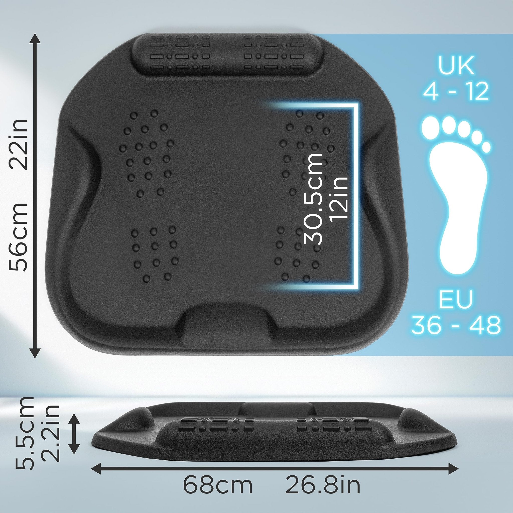 Duronic Anti-Fatigue Mat featuring integrated massage mounds and dimensions of 26.8 inches wide by 22 inches deep.