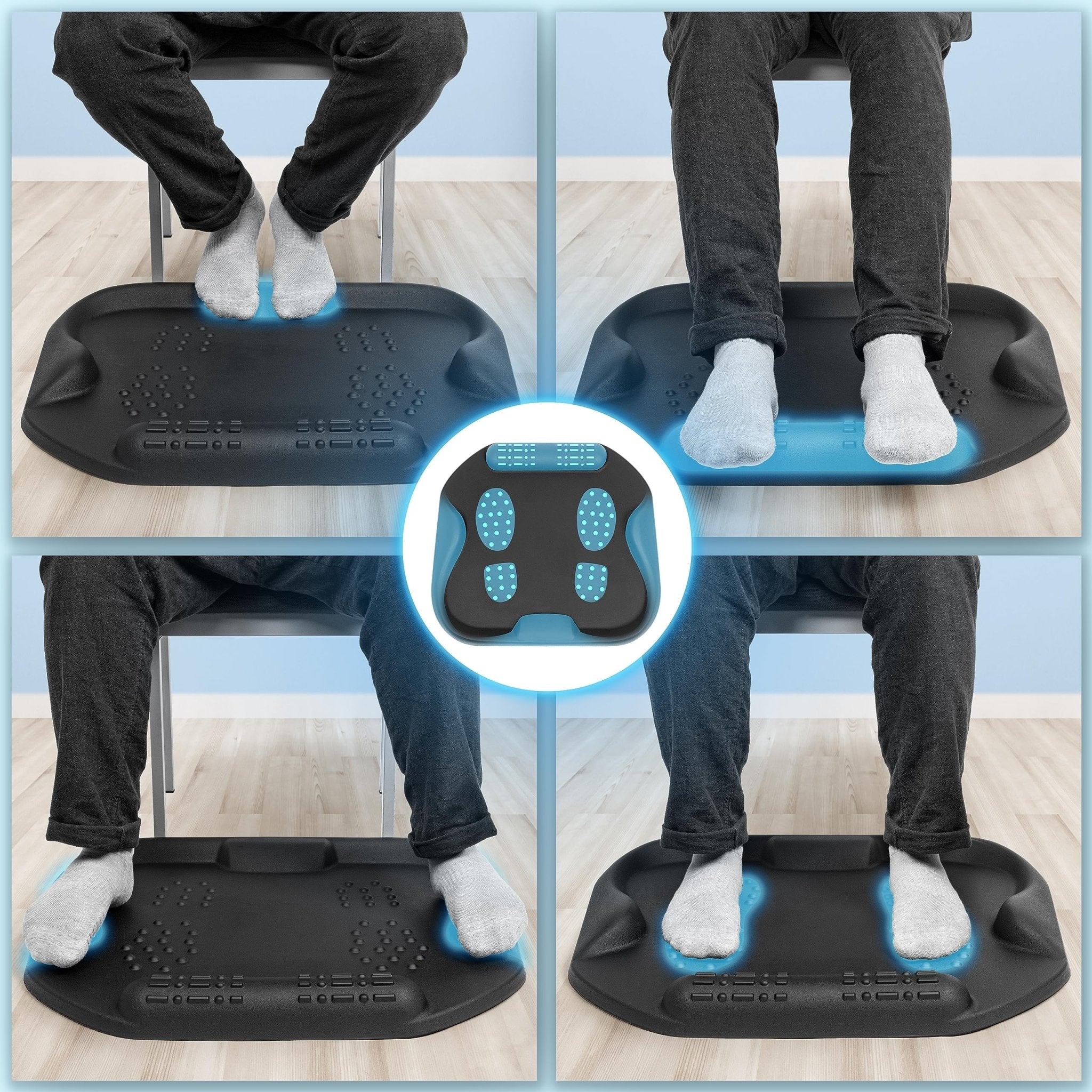 Duronic Anti-Fatigue Mat showing a person using the various massage points and raised edges of an ergonomic anti-fatigue mat to stretch and massage their feet while seated.