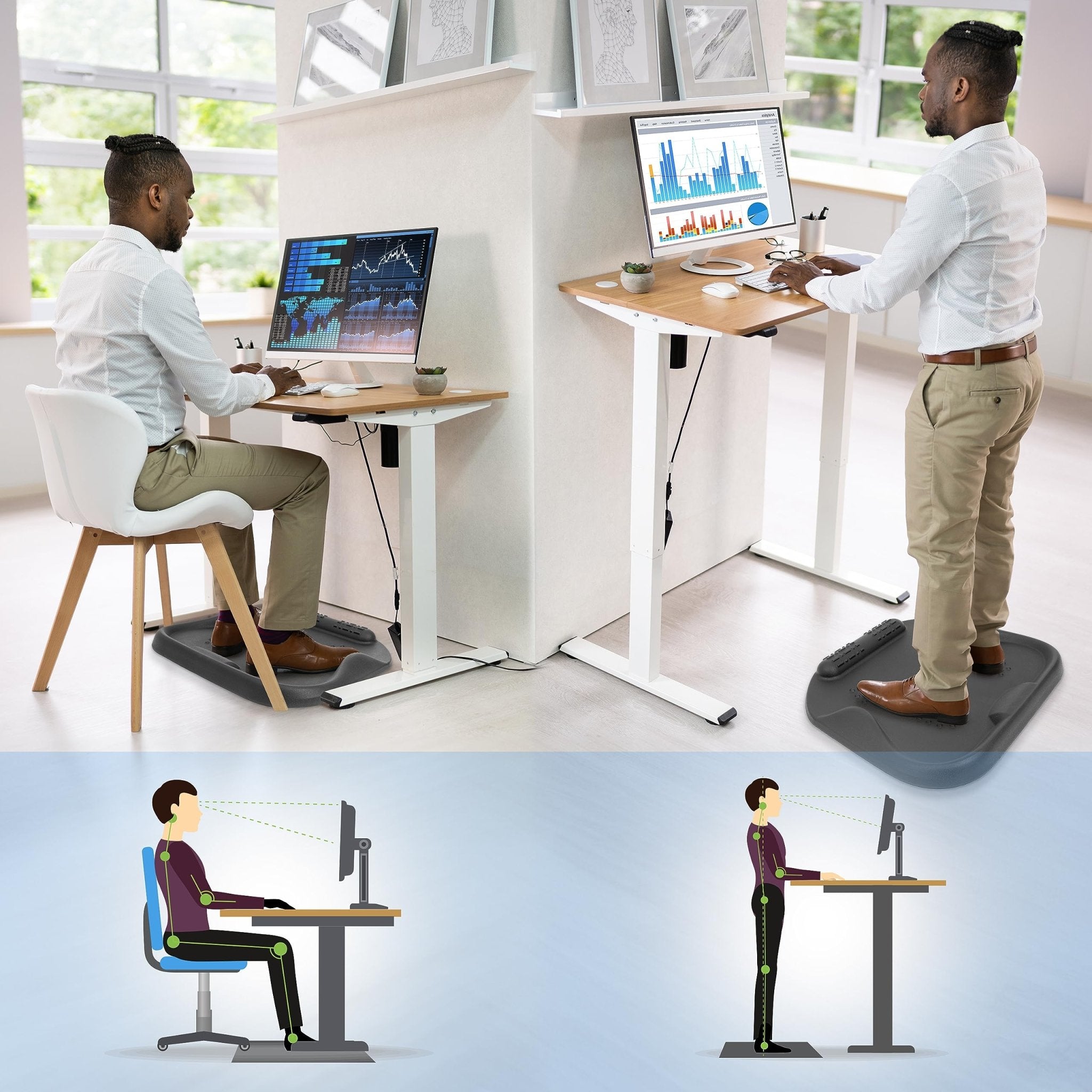 Duronic Anti-Fatigue Mat with 
a split-view image demonstrates a man using an adjustable standing desk in both sitting and standing positions