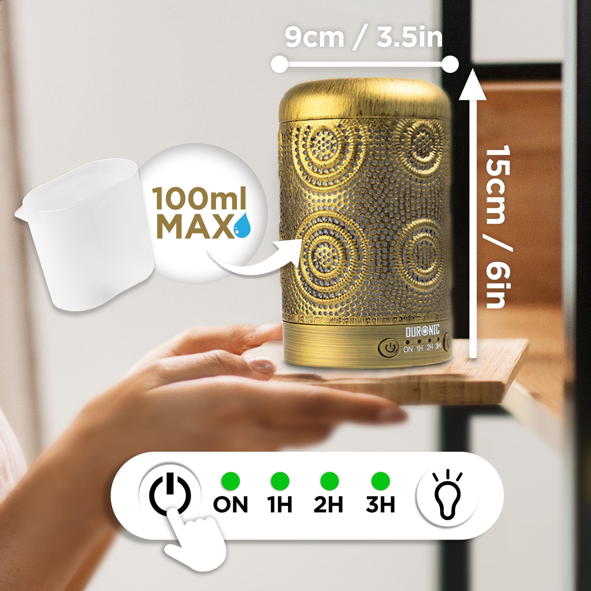 Duronic Aromatherapy Diffuser with different modes and product dimension