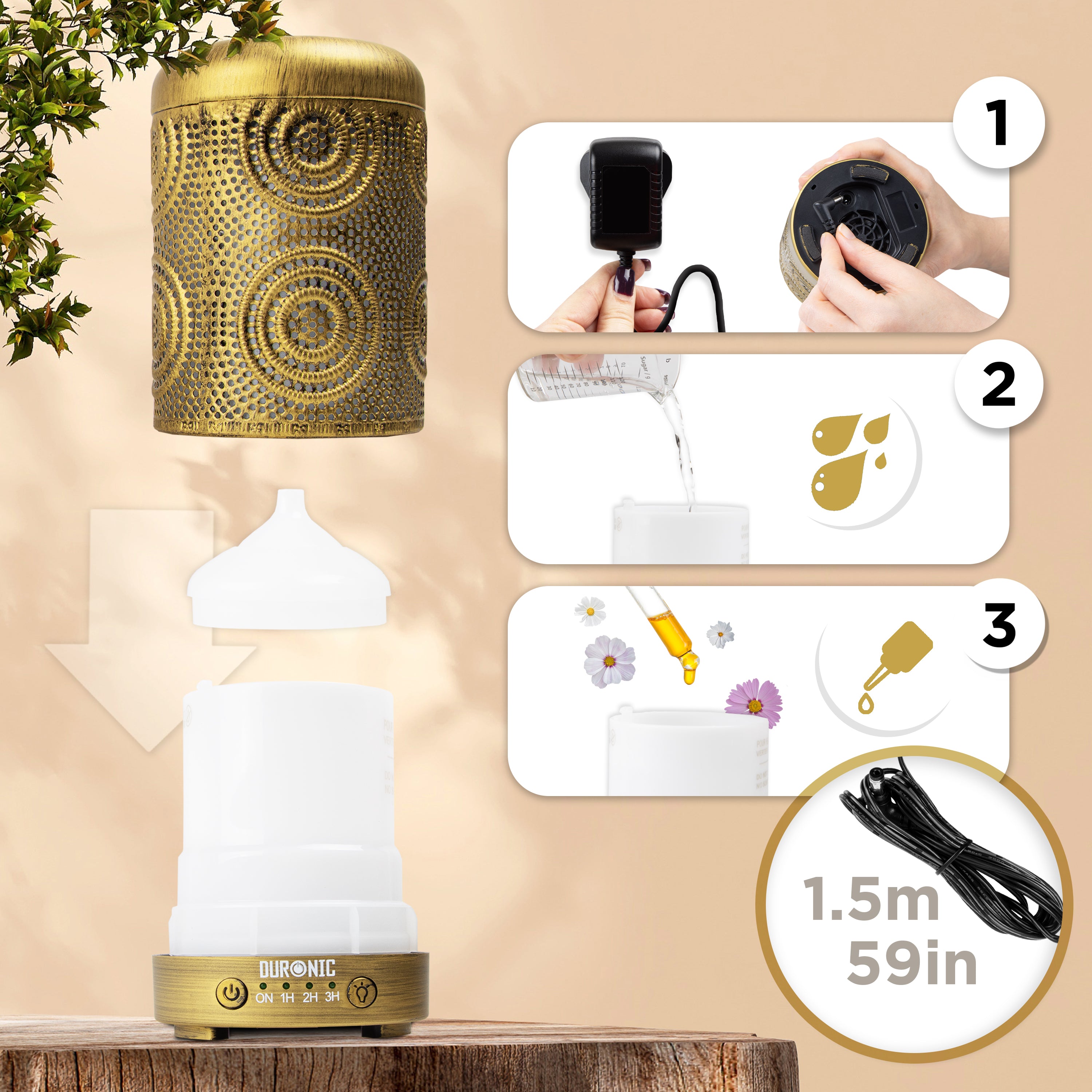Duronic Aromatherapy Diffuser with instruction on how to use the diffuser