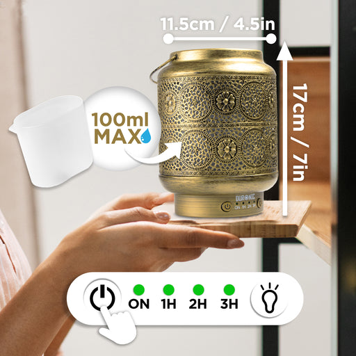Duronic Aromatherapy Diffuser with product dimension, modes