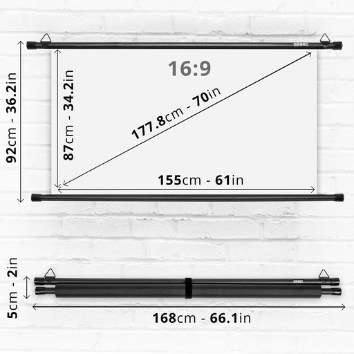 Duronic BPS70/169 projection screen dimensions height, width, length, depth for home, office, school 