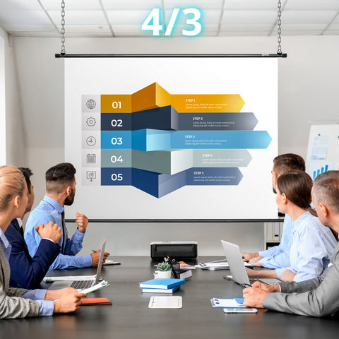 Duronic Bar Projector Screen with people in a meeting using the projector for presentation