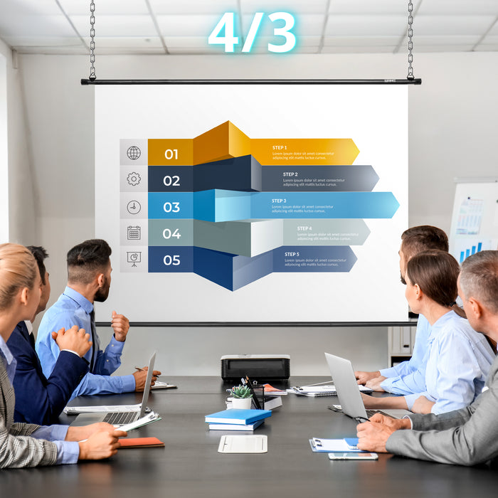 Duronic Bar Projector Screen with people in a meeting using the projector for presentation