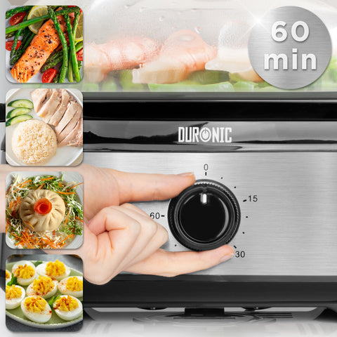 Duronic Black Electric Food Steamer with 60-minute timer dial, showcasing steamed meals like salmon, chicken, and eggs.