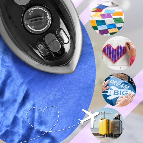 Duronic Black Travel Iron shown alongside lifestyle circles featuring quilting, bead crafts, iron-on transfers, and travel luggage to highlight its versatility for crafting and travel.