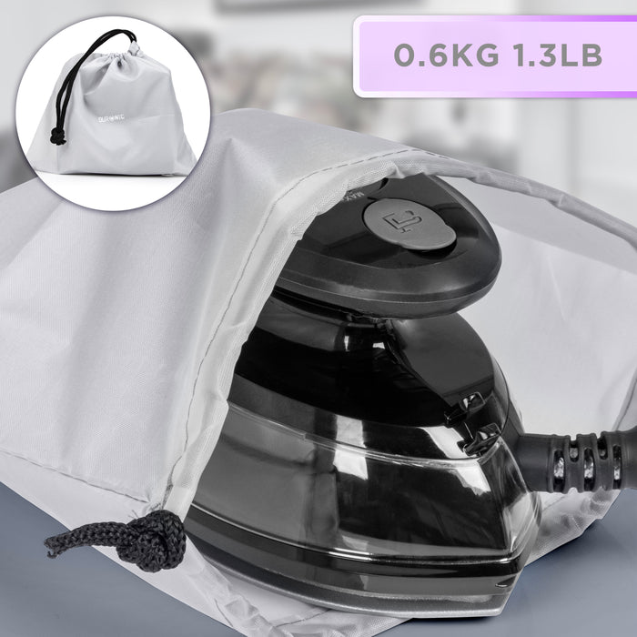 Duronic Black Travel Iron weighing 1.3 lbs is shown being tucked into its gray drawstring storage bag.