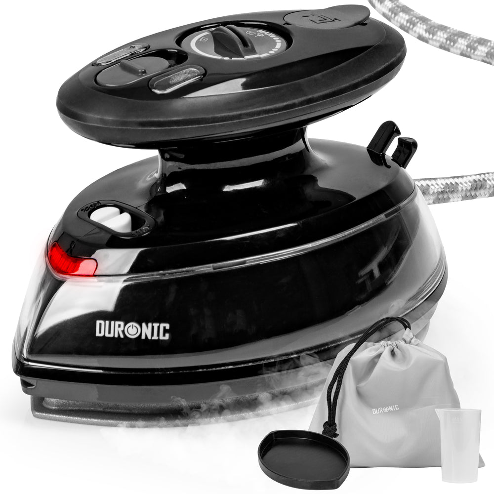 Duronic Black Travel Iron with its travel pouch, measuring cup, and resting base.
