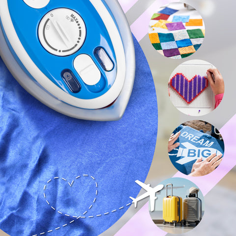 Duronic Blue Travel Iron featuring quilting, bead crafts, iron-on transfers, and travel luggage to highlight its versatility for crafting and travel..