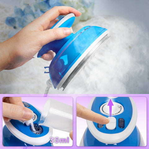 Duronic Blue Travel Iron with 35ml of water and demonstrating its steam-burst function.