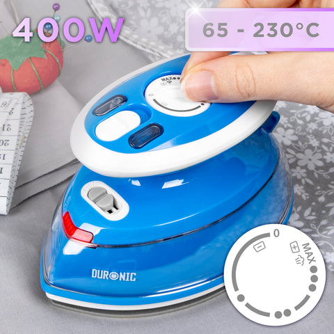 Duronic Blue Travel Iron with an adjustable temperature dial ranging from 65°C to 230°C, shown next to sewing supplies.