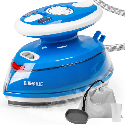 Duronic Blue Travel Iron with its travel pouch, measuring cup, and resting base.