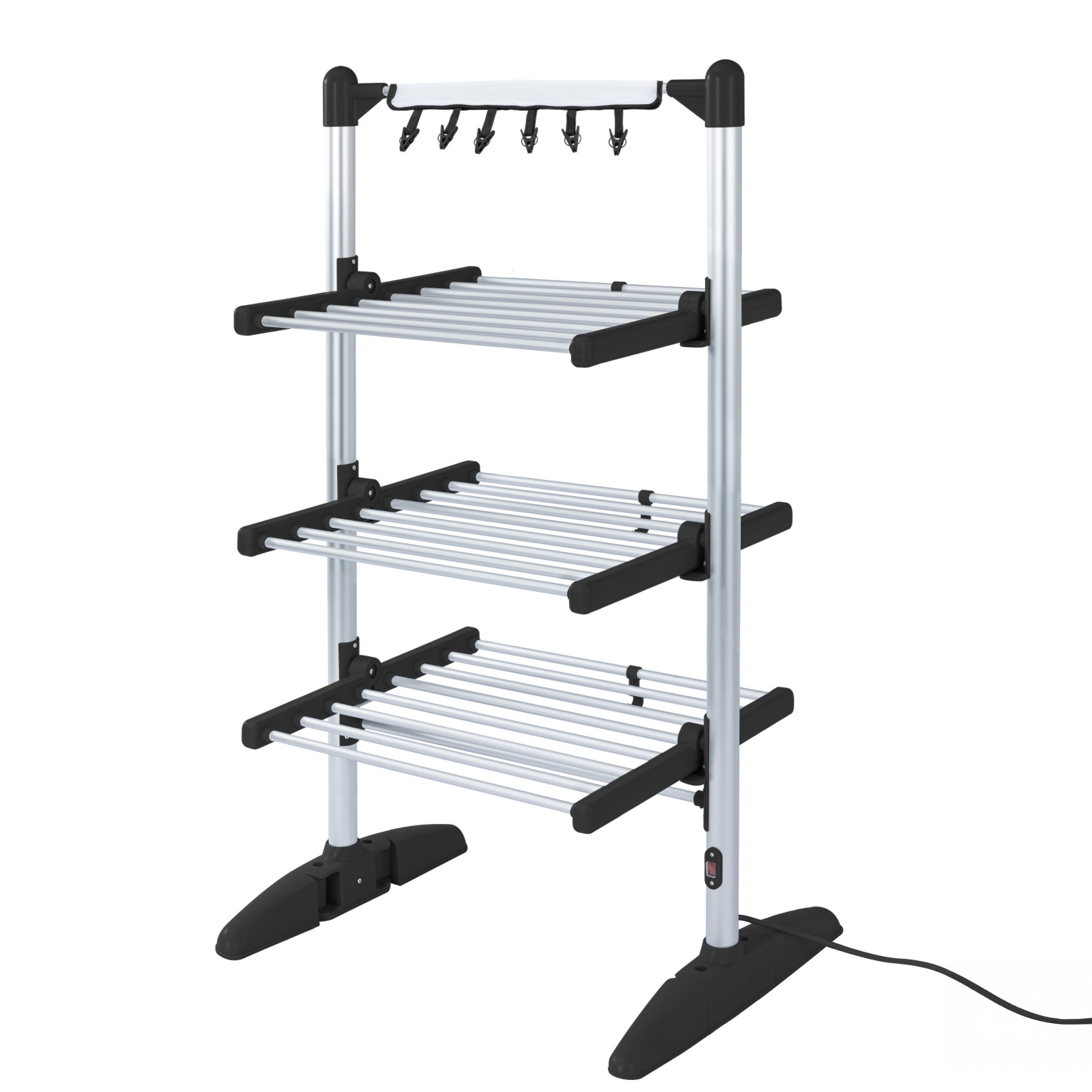 Duronic CA20 BK Electric Clothes Airer drying rack featuring a silver aluminum frame, foldable drying shelves, and a top hanging rail with clips for smaller items.