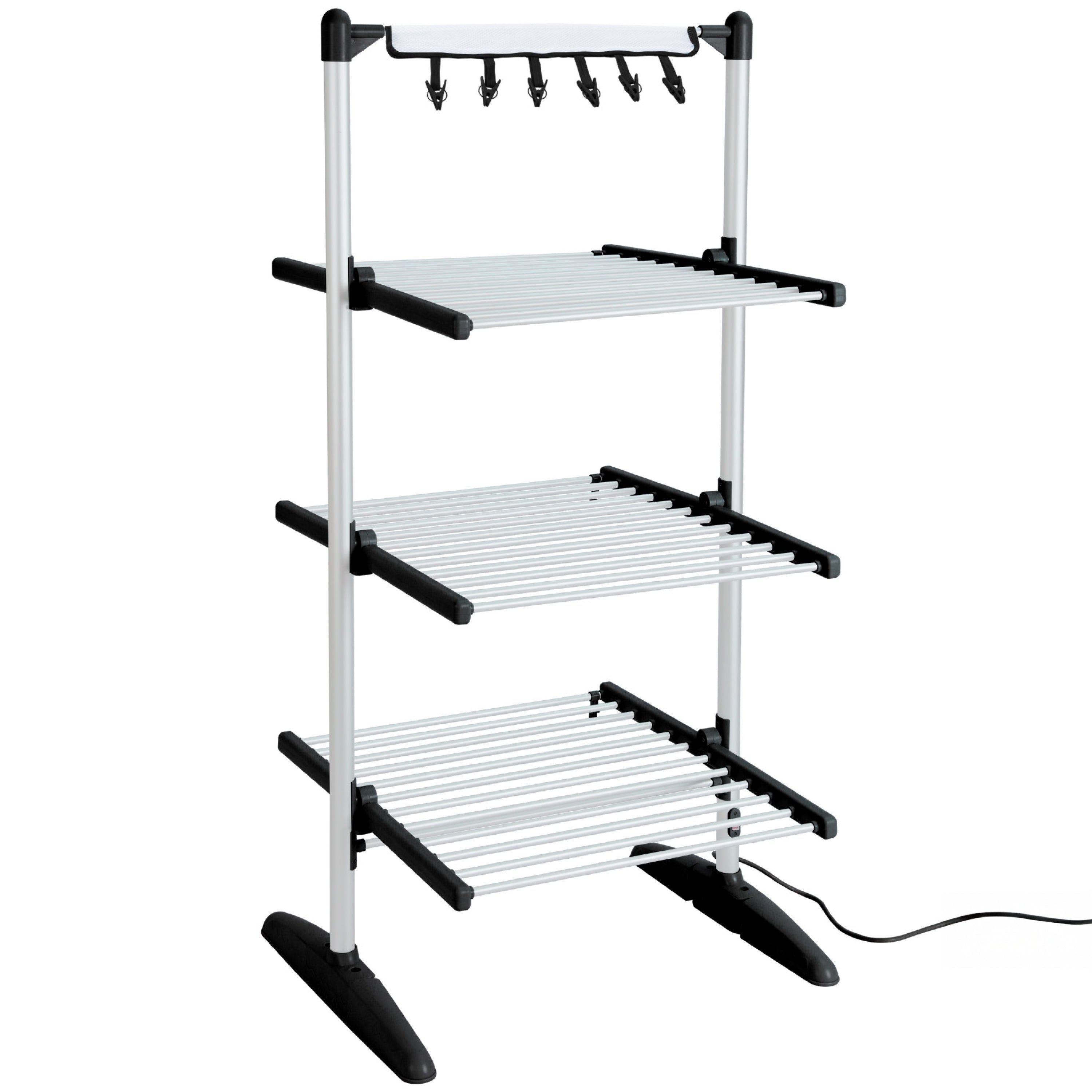 Duronic CA30 BK Electric Clothes Airer drying rack featuring a silver aluminum frame, foldable drying shelves, and a top hanging rail with clips for smaller items.