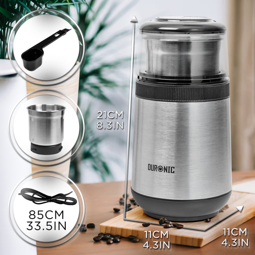 Duronic CG350 Electric Coffee Grinder showing product dimensions, removable stainless steel cup, spoon brush, and power cord.