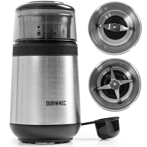 Duronic CG355 Electric Coffee Grinder with scoop, displaying both two-blade and four-blade attachment bowls.