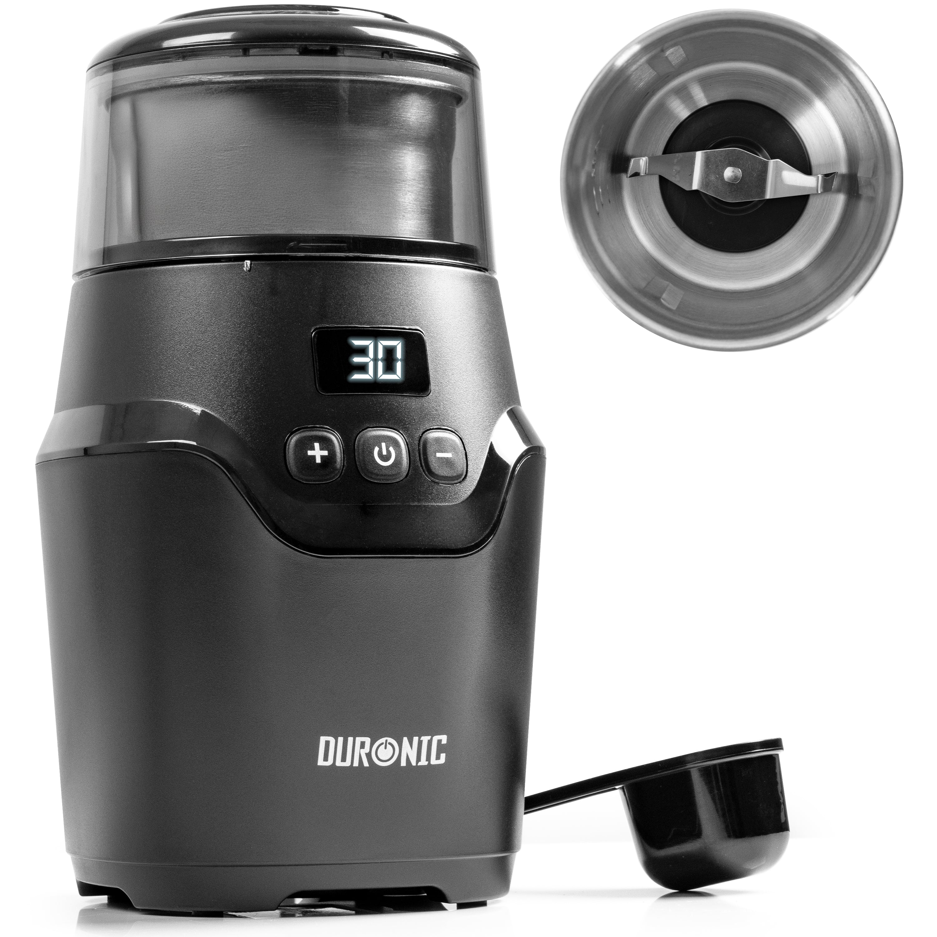 Duronic CG550 Electric Coffee & Spice Grinder with digital timer display, stainless steel grinding cup, and scoop.