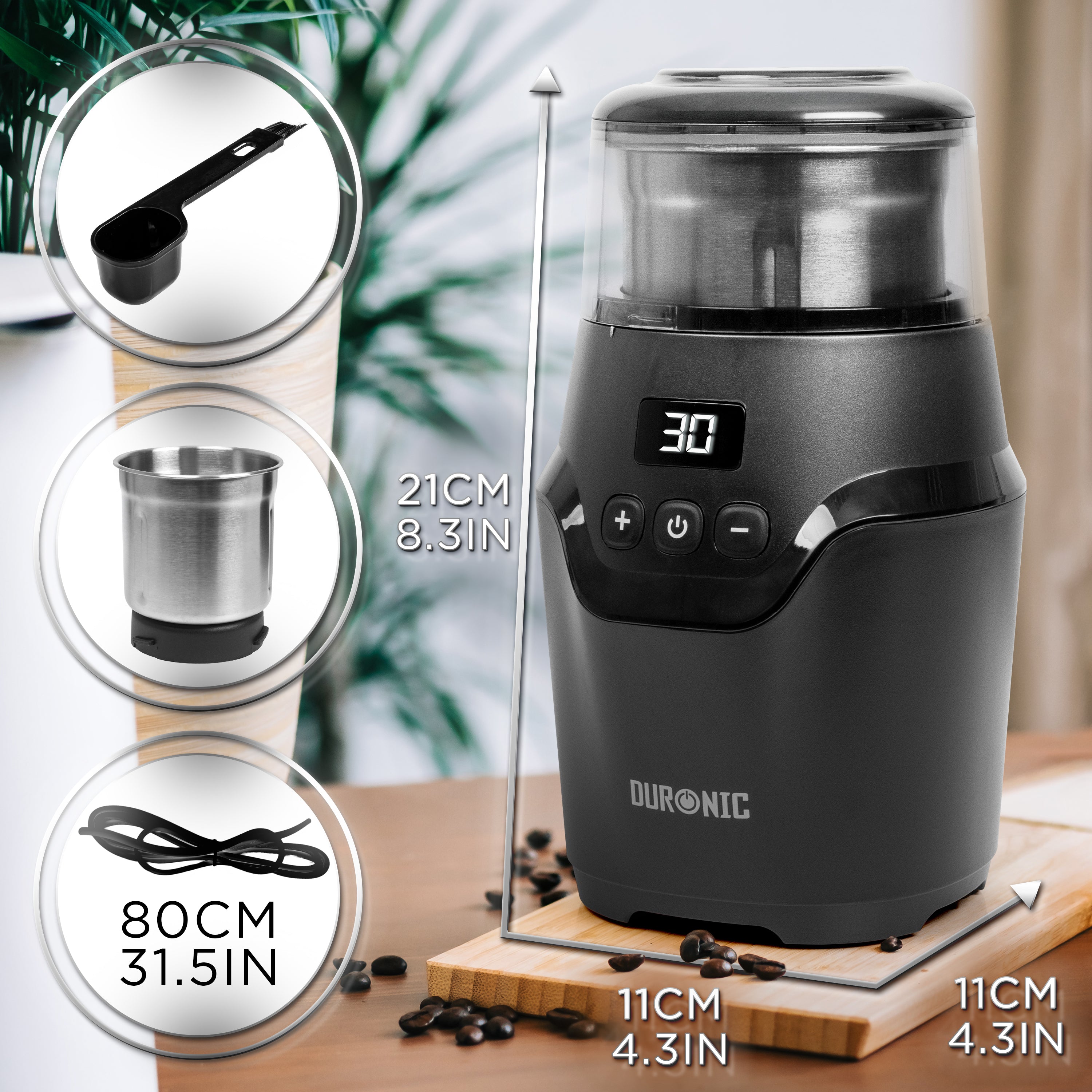 Duronic CG550 Electric Coffee & Spice Grinder with digital timer, stainless steel cup, spoon, and dimension overlays.