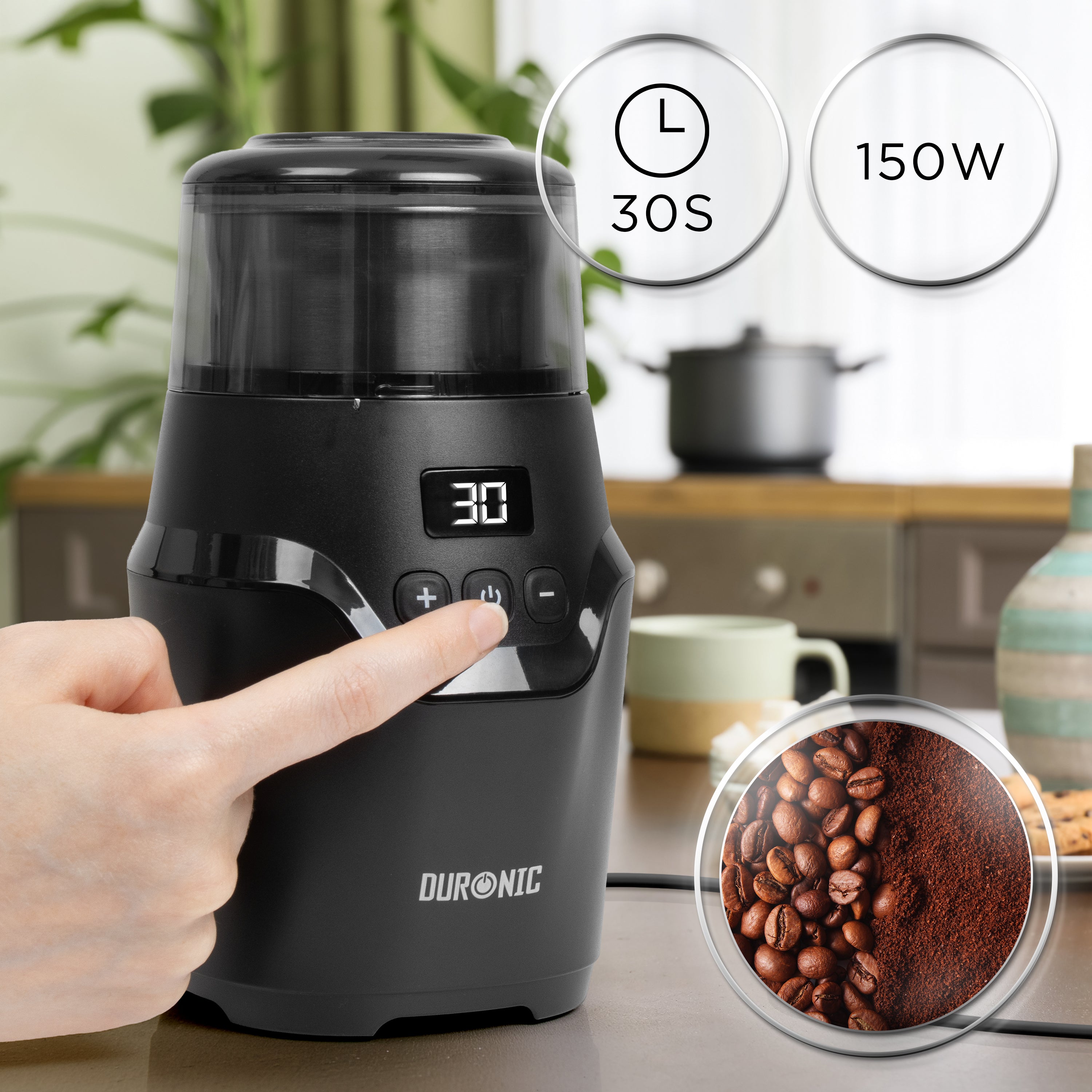 Duronic CG555 Electric Coffee Grinder with digital timer pressed by hand for grinding beans.