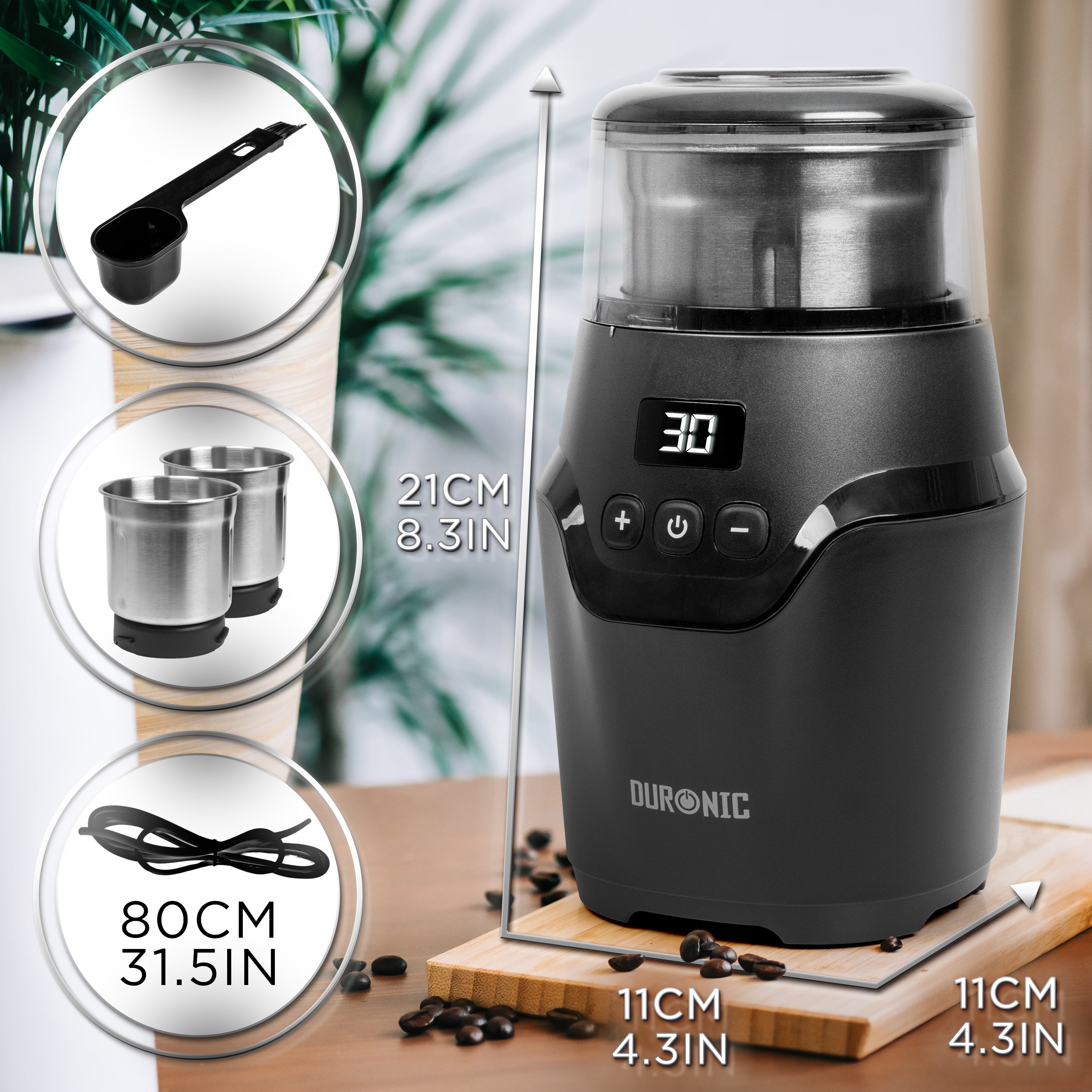 Duronic CG555 Electric Coffee Grinder with timer, accessories, two stainless steel cups, scoop, and dimensions.