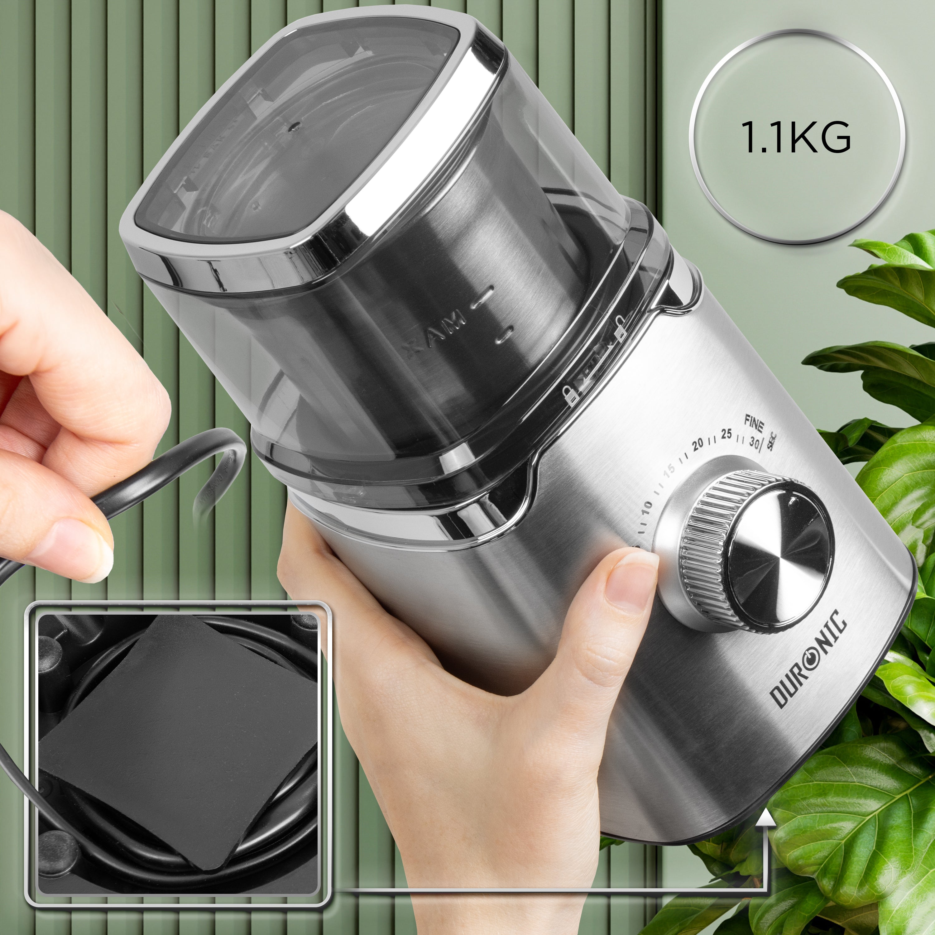 Duronic CG650 Electric Coffee Grinder showing timer dial and cord storage.