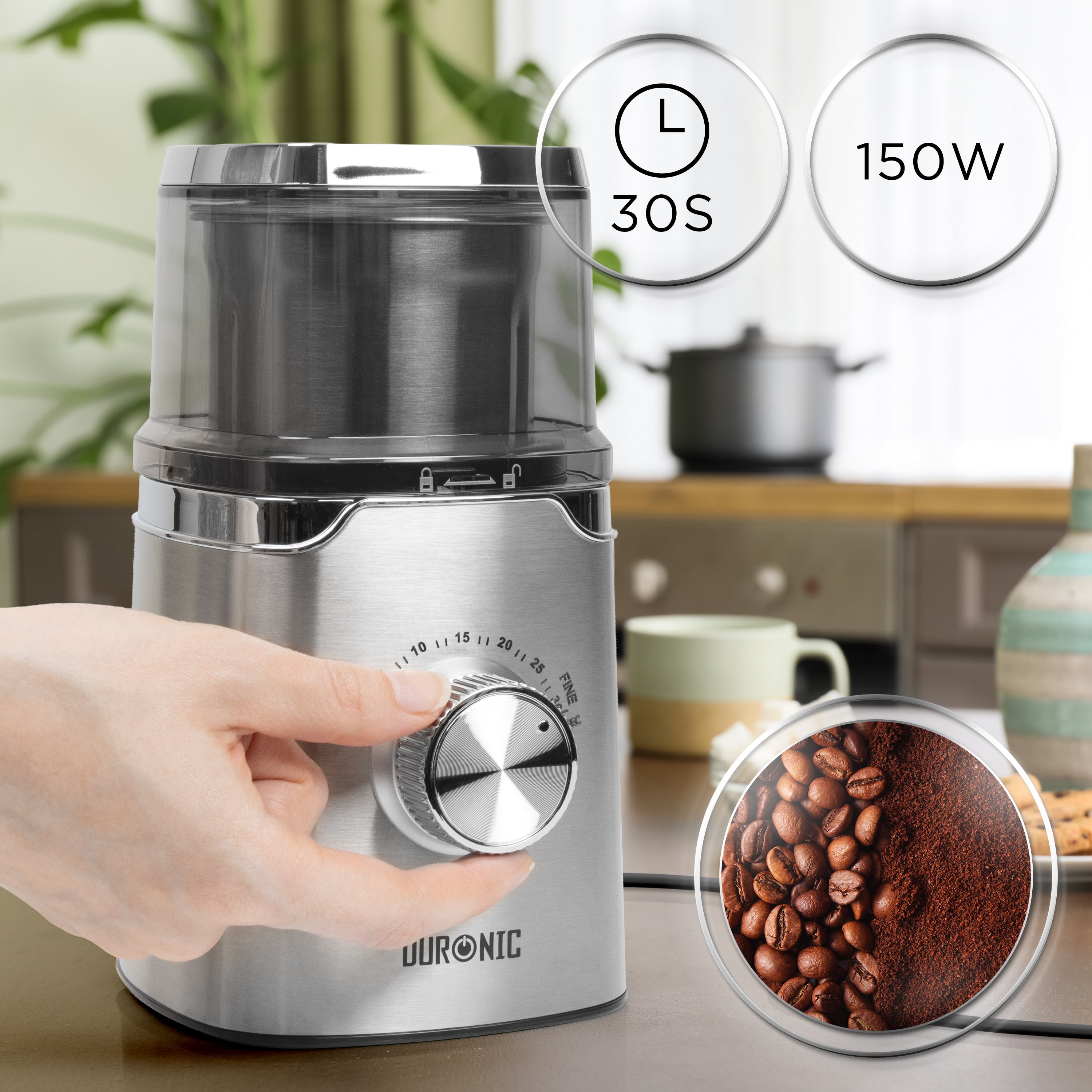 Duronic CG650 Electric Coffee Grinder with timer dial and fresh ground coffee beans.