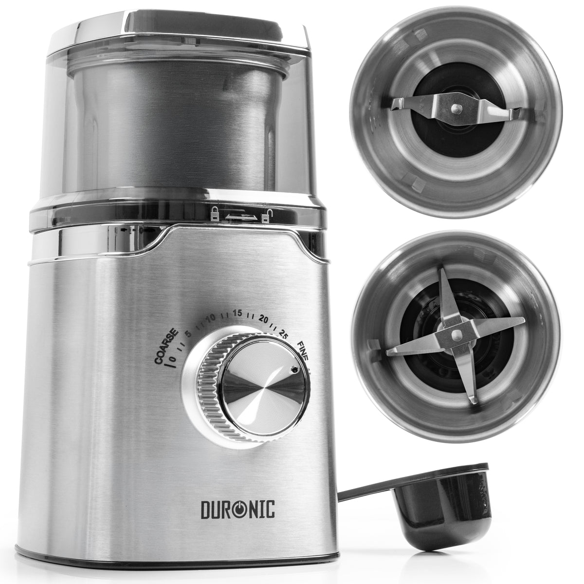 Duronic CG655 Electric Coffee Grinder featuring adjustable settings, two interchangeable blades, and scoop.