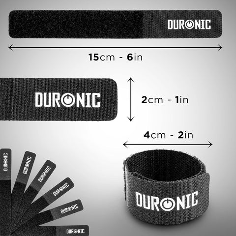 Duronic Cable Ties displaying dimensions of length, width, and rolled diameter.
