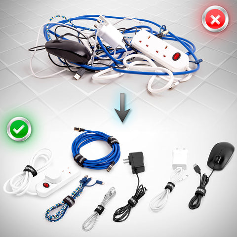 Duronic Cable Ties with before and after comparison showing a tangled mess of wires neatly organise.