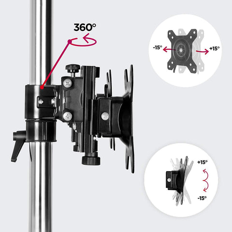Duronic Computer Monitor Arms showing tilt, swivel, and 360-degree rotation features.