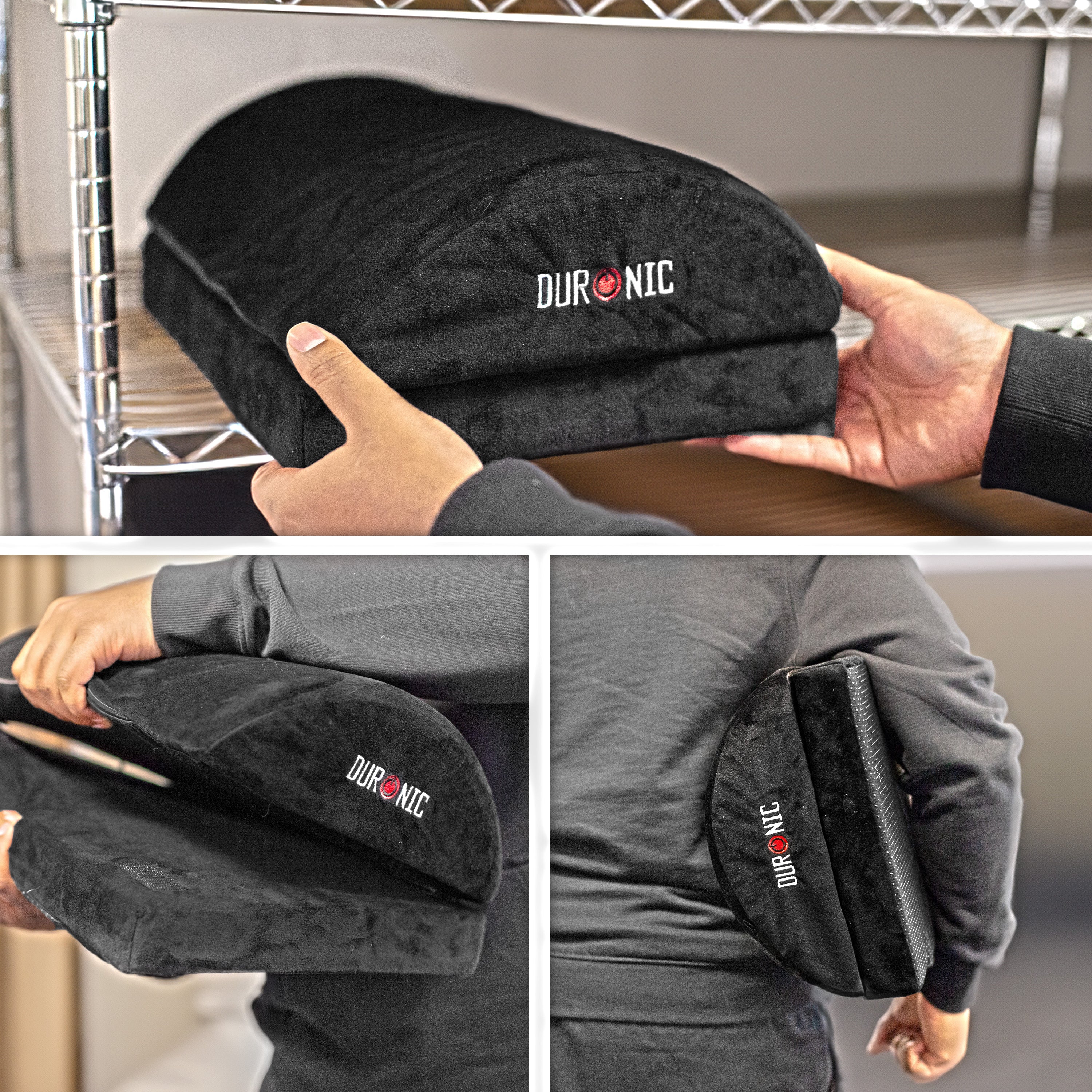 Duronic Cushion Footrest memory foam footrest being held, adjusted by a zipper, and carried under an arm to demonstrate its portability and plush texture.