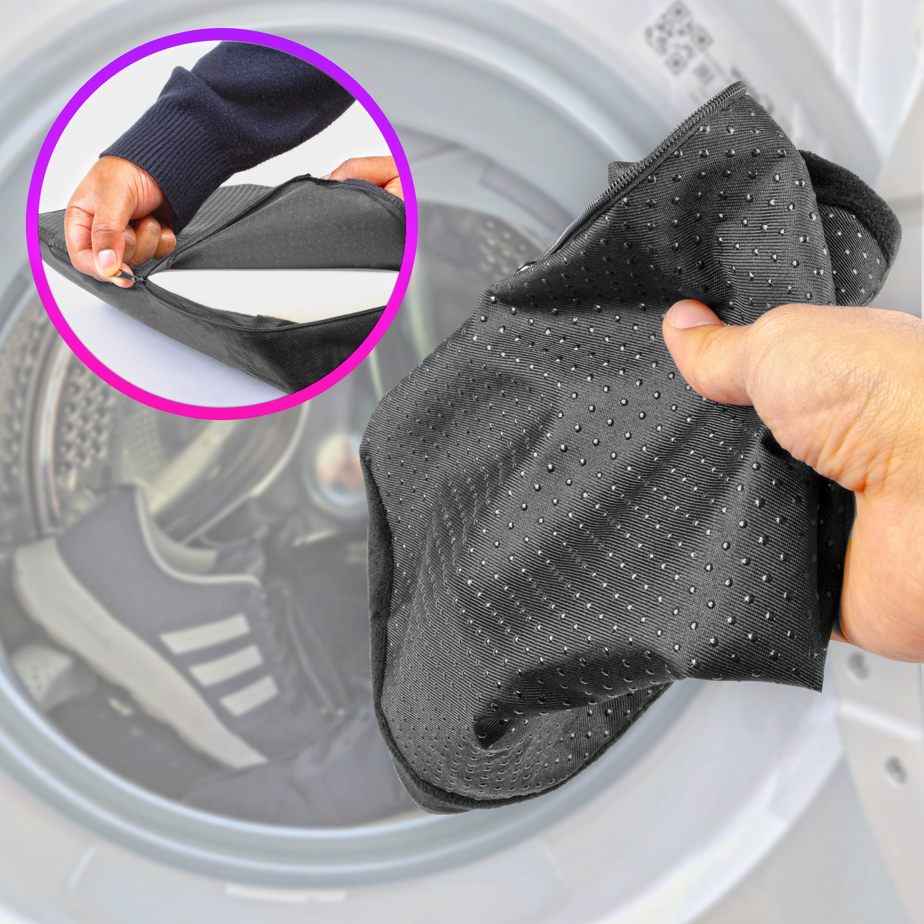 Duronic Cushion Footrest non-slip zippered cushion cover in front of an open washing machine containing a sneaker, demonstrating that the cover is machine washable.
