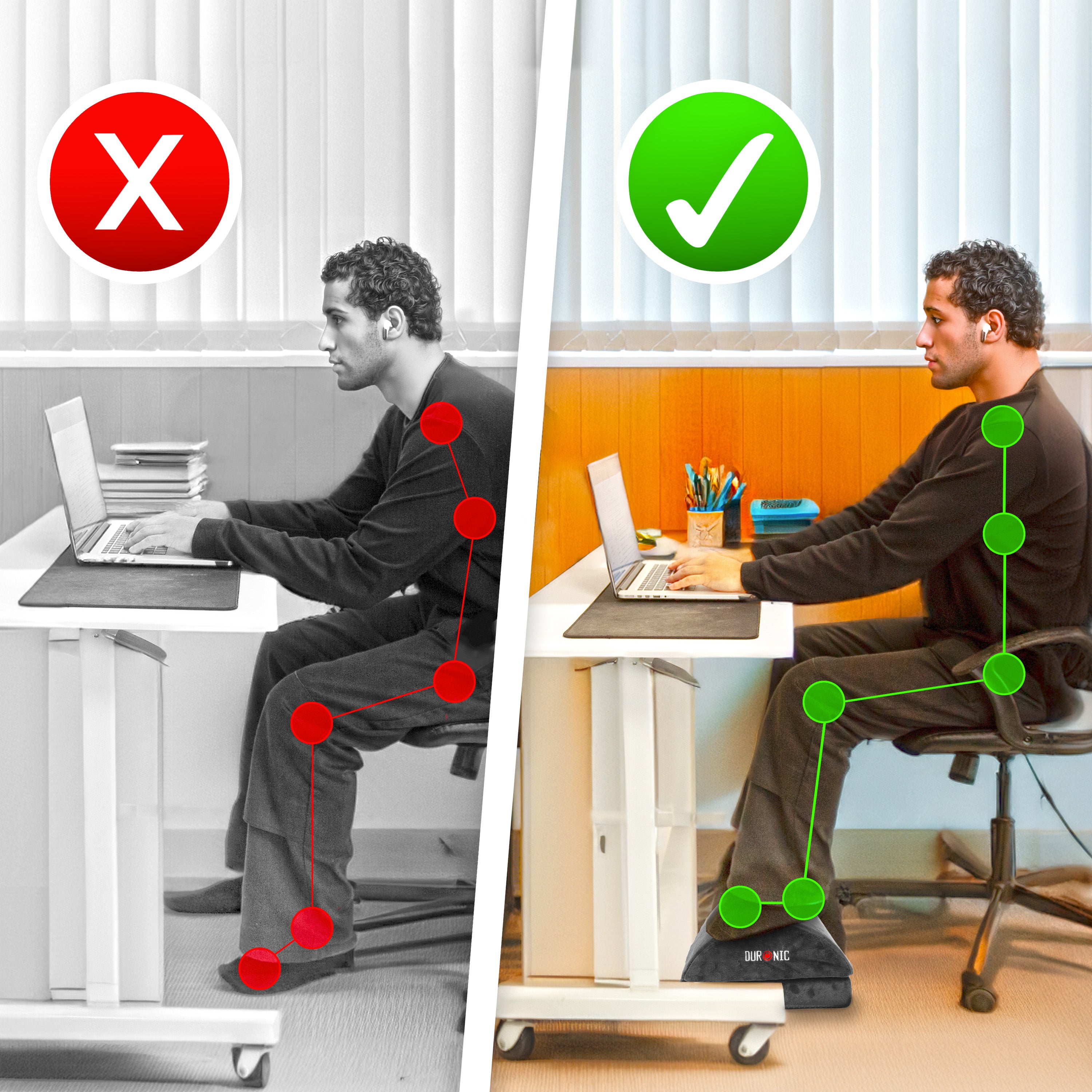 Duronic Cushion Footrest showing incorrect slouched posture versus correct ergonomic seating using a supportive under-desk footrest to improve spinal alignment.