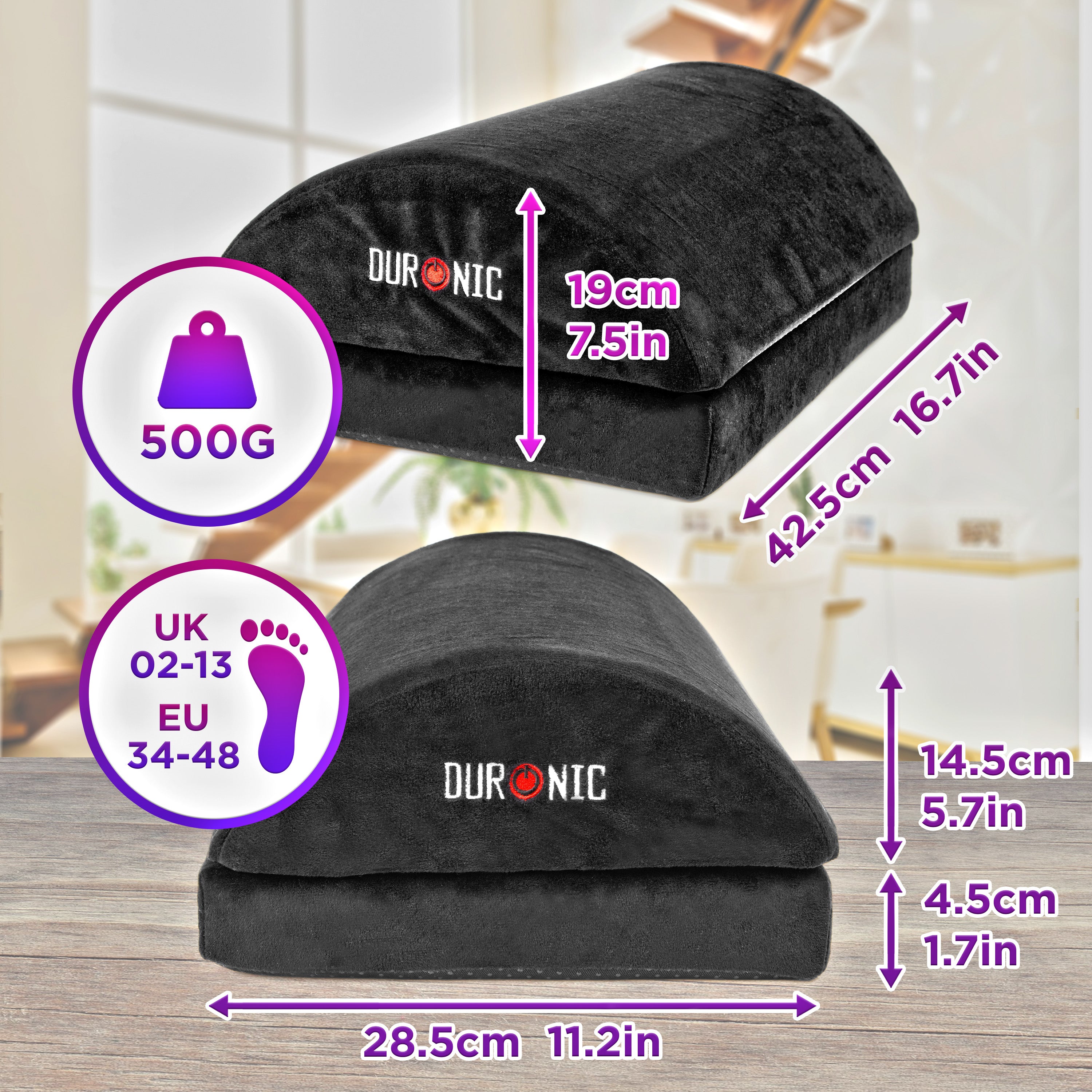 Duronic Cushion Footrest showing its adjustable height, 42.5cm length, and suitability for shoe sizes UK 2-13.