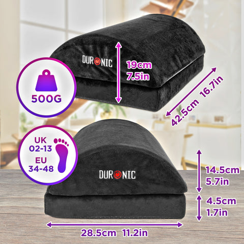 Duronic Cushion Footrest showing its adjustable height, 42.5cm length, and suitability for shoe sizes UK 2-13.
