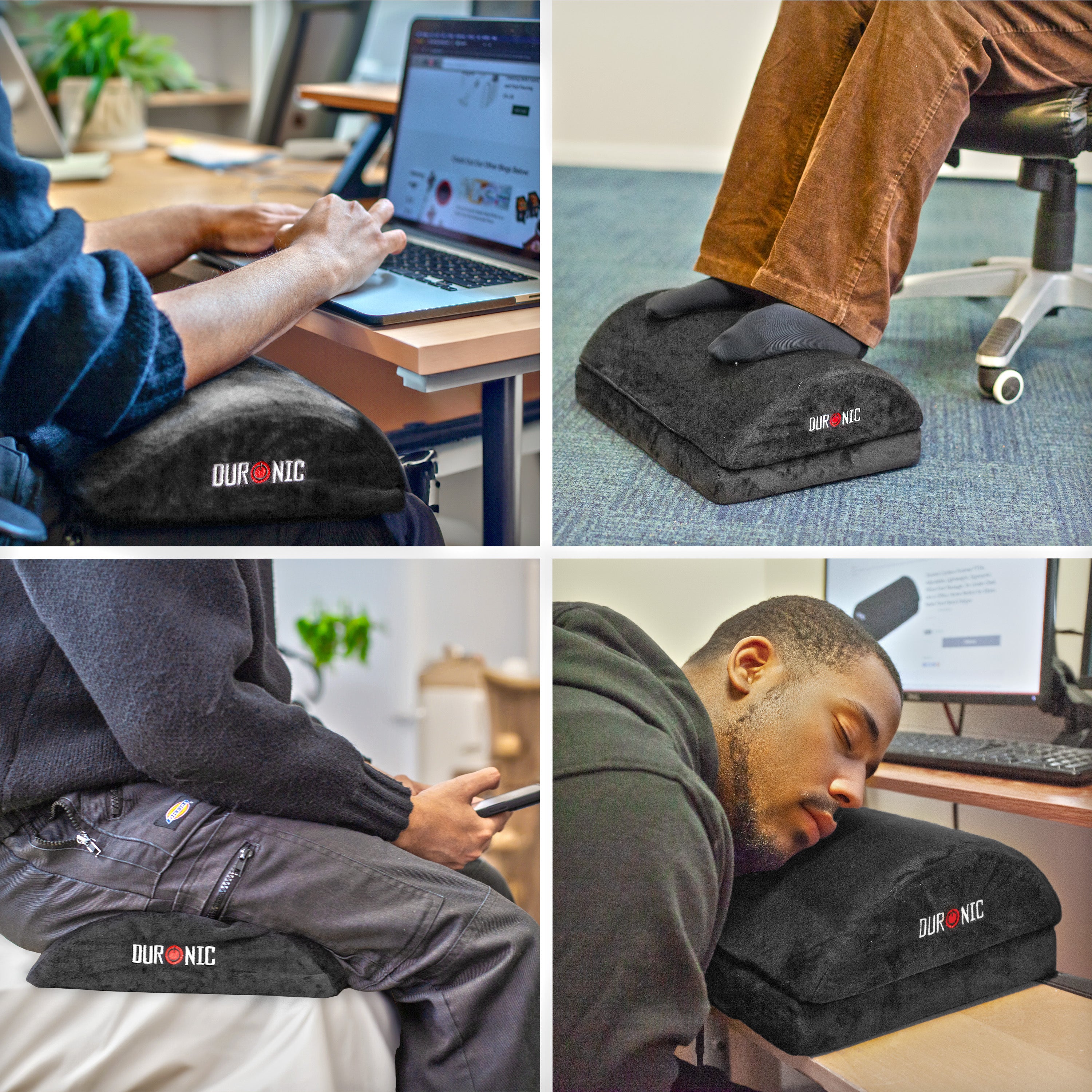 Duronic Cushion Footrest showing the Duronic adjustable memory foam cushion being used as a wrist rest, footrest, seat cushion, and desk pillow.