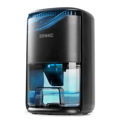 Duronic DH07 BK mini dehumidifier shown in use with water tank half-full