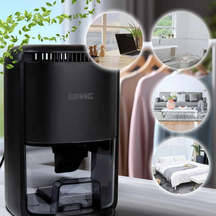 Duronic DH07 BK mini dehumidifier to be used in various settings such as the office desk, bathroom, living room, bedroom, and more